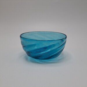Hand Blown Blue Glass Bowl Unique Swirl Design Art Glass Decor Collectible